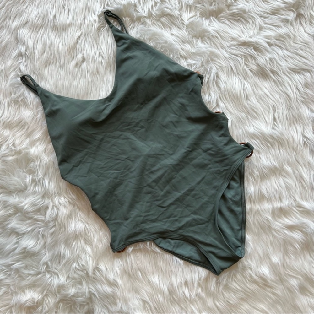 Aerie Womens Maillot Dream One Piece Swimsuit Green Cut Out Spaghetti Strap L